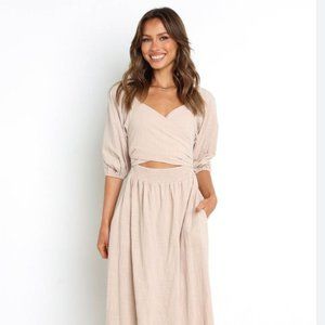 NWT Petal & Pup Tana Midi Wrap Dress in Beige